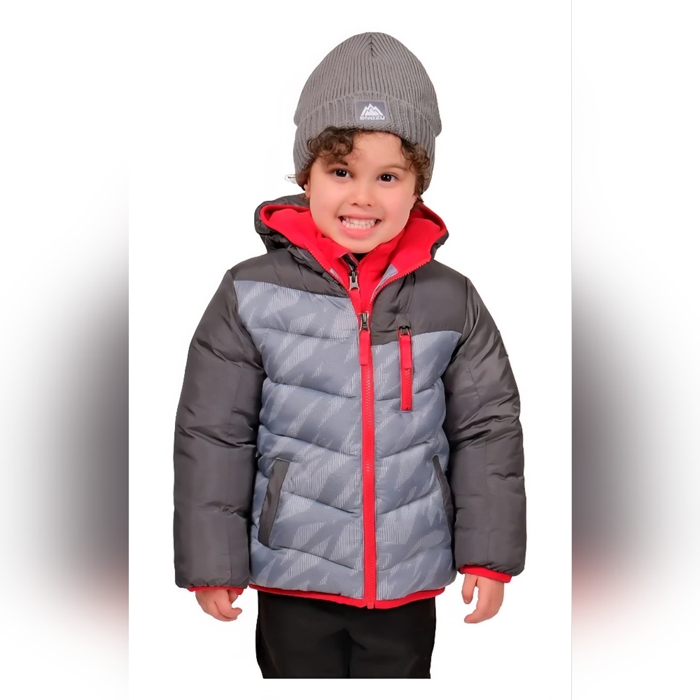 Snozu Boys Puffer Jacket With Hat - Gray and Red